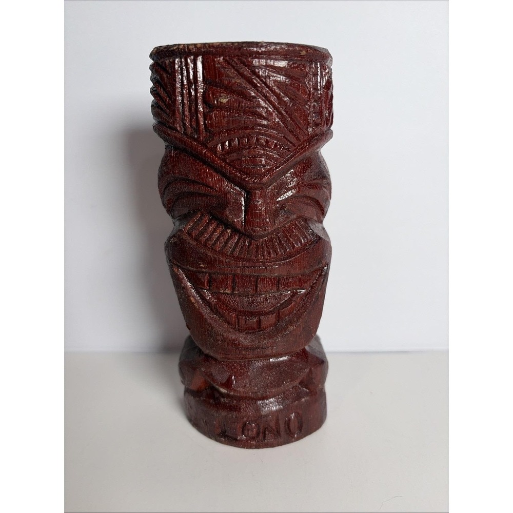 Lono Tiki Idol Statue Hand Carved Hard Wood Signed Hawaii 6"